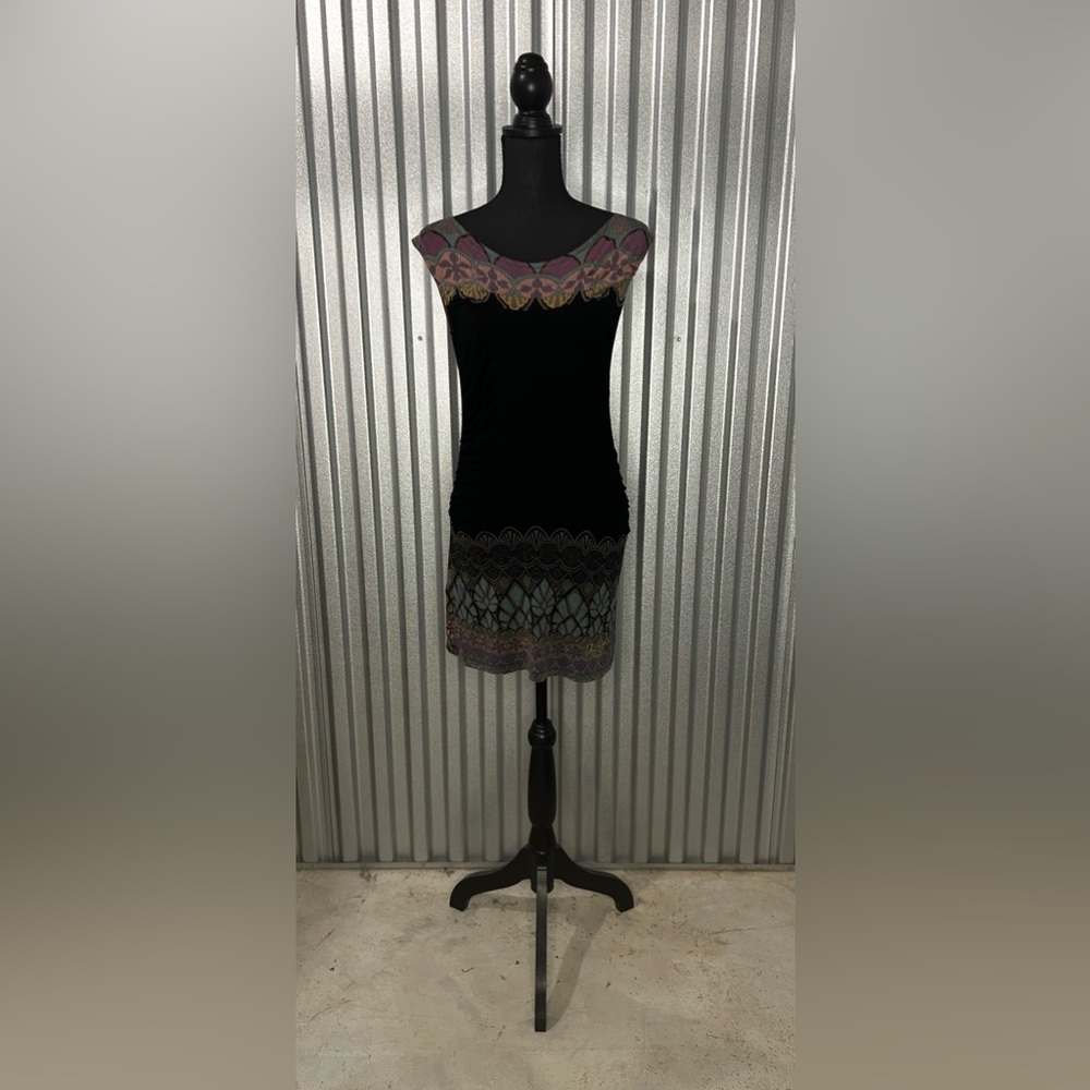 Women’s Desigual Black Multicolor Geometric Viscose Elastane Dress Size Large